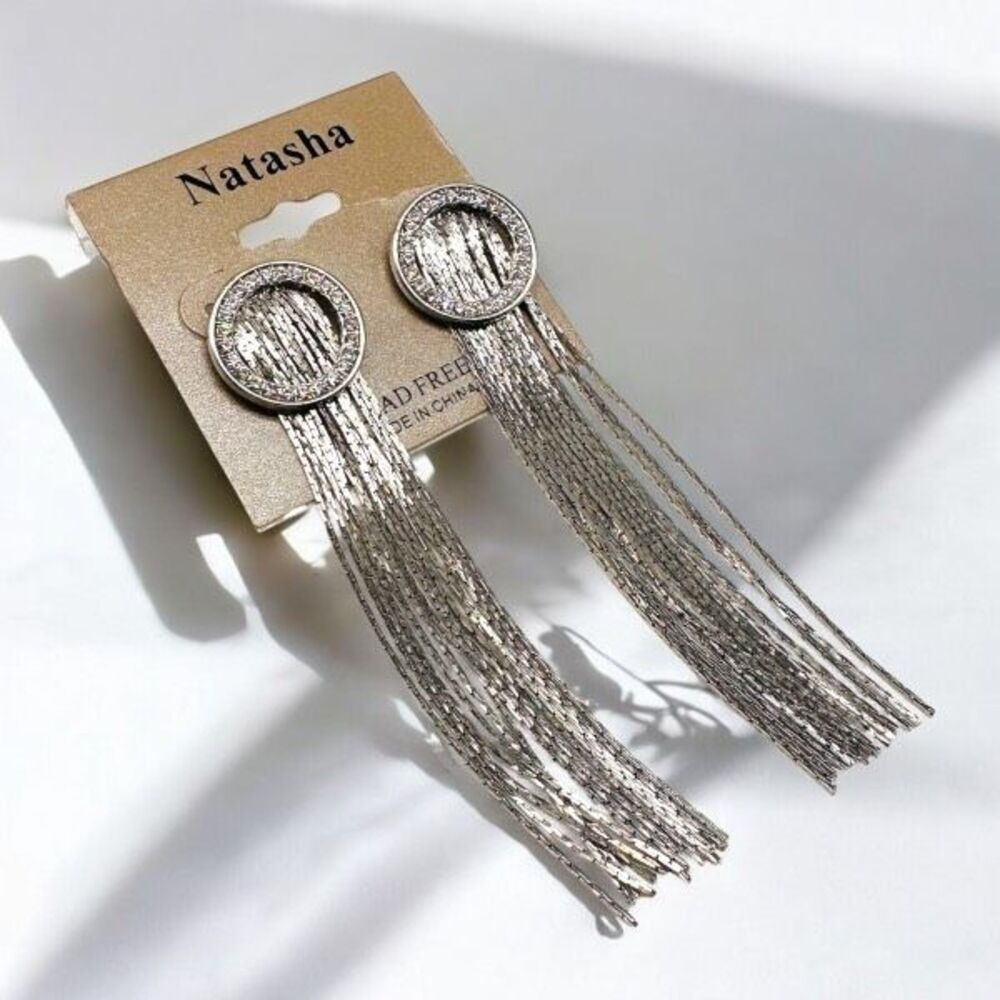 Nwt Natasha Silver Tone Fringe Dangle & Pave Rhinestone Earrings Cocktail